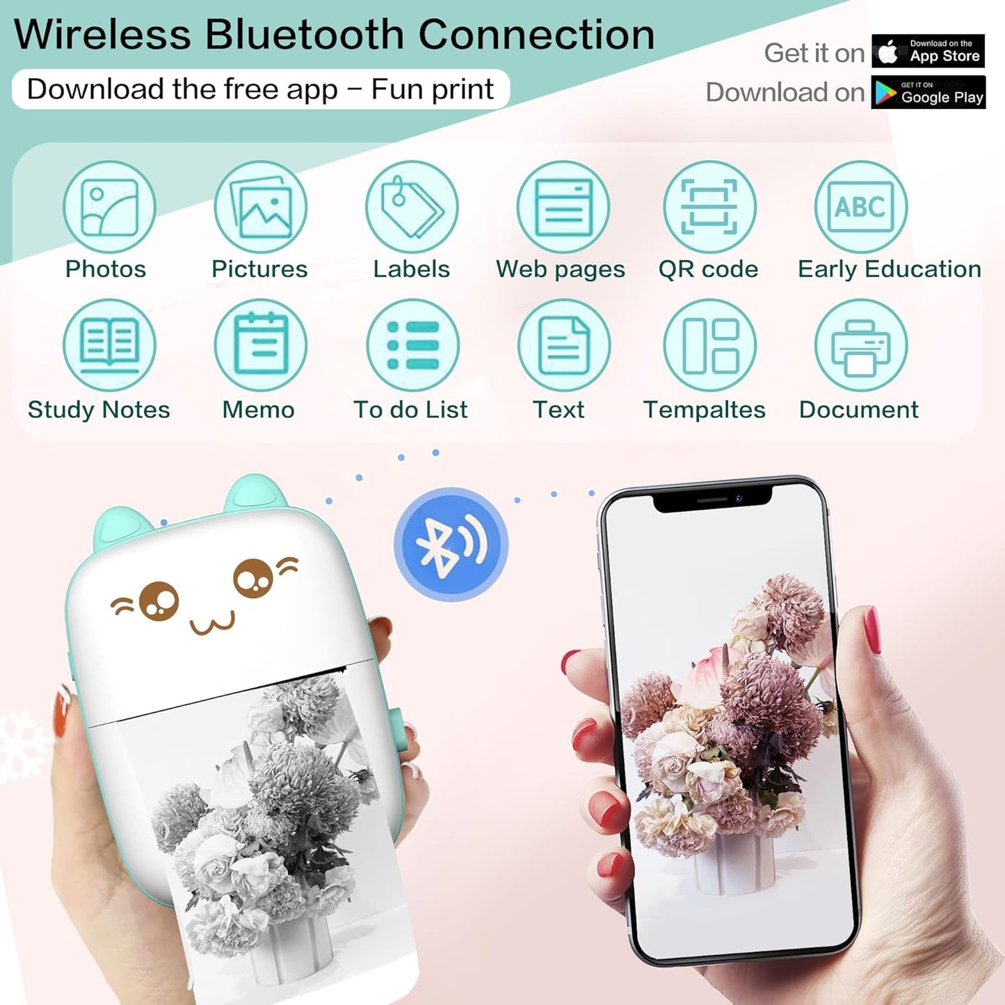 Mini Printer Portable, Inkless Sticker printer with 8 Rolls Paper
